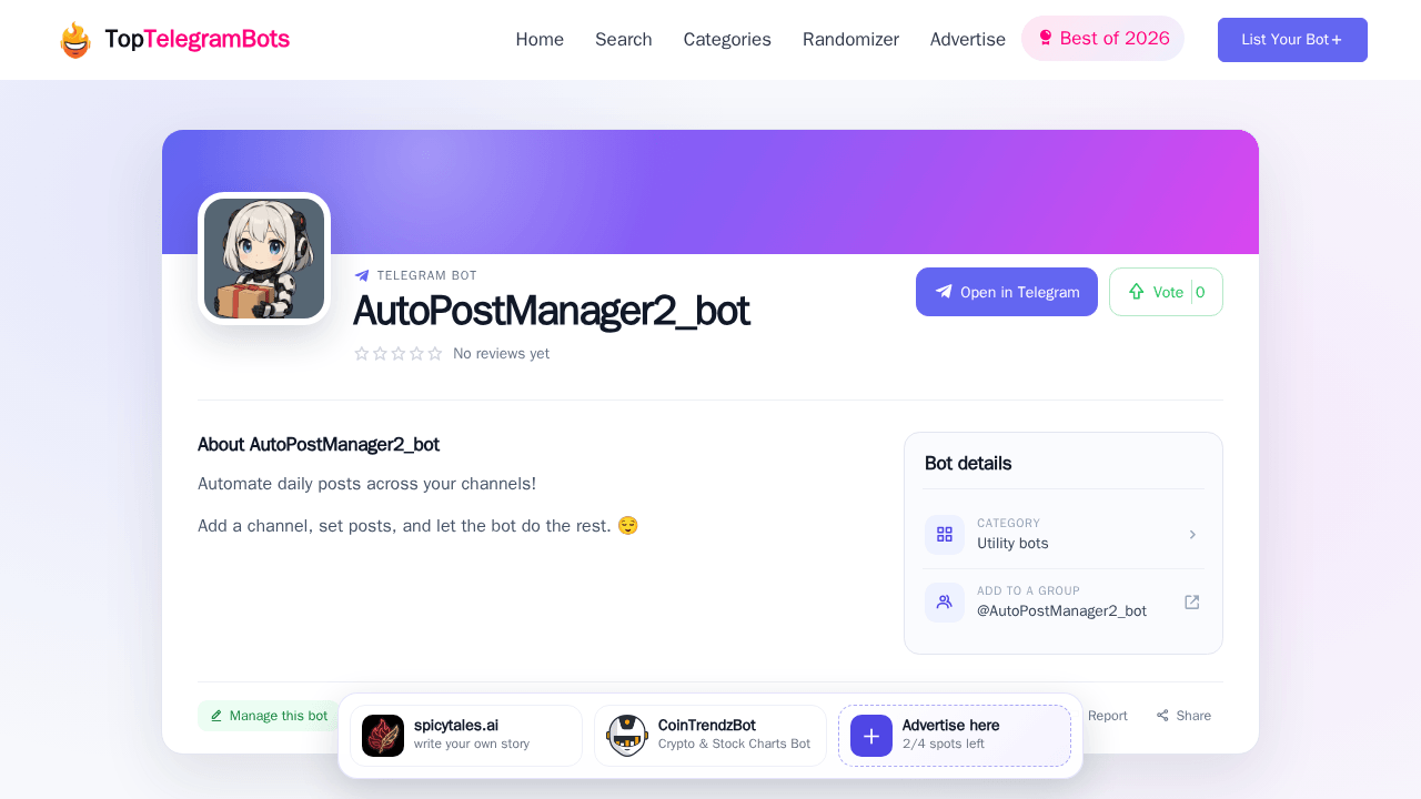 AutoPostManager2_bot Telegram Bot - Reviews, Invite Links & Features ...