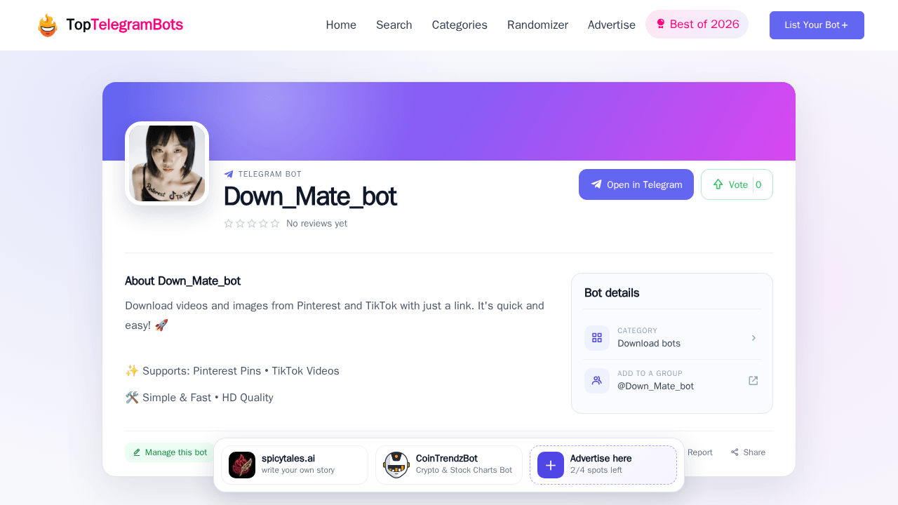 Down_Mate_bot Telegram Bot - Reviews, Invite Links & Features! | The ...