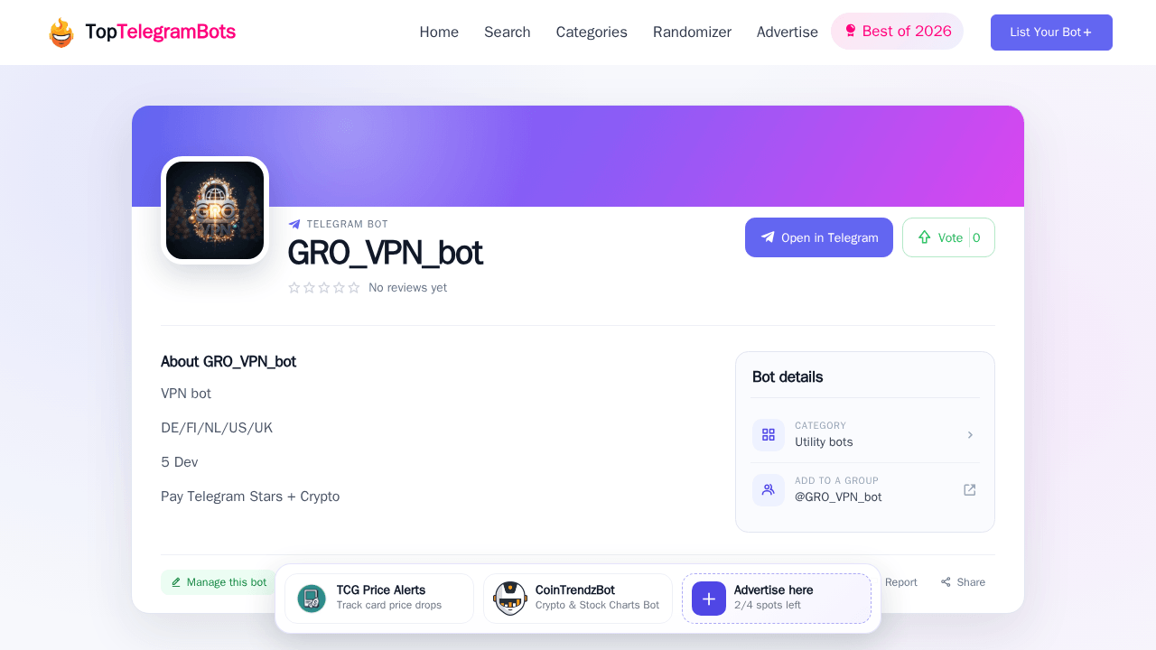 GRO_VPN_bot Telegram Bot - Reviews, Invite Links & Features! | The Best ...