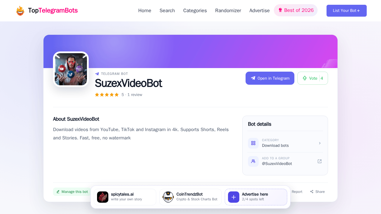SuzexVideoBot Telegram Bot - Reviews, Invite Links & Features! | The ...