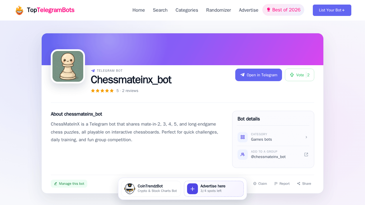Chessmateinx_bot Telegram Bot - Reviews, Invite Links & Features! | The ...