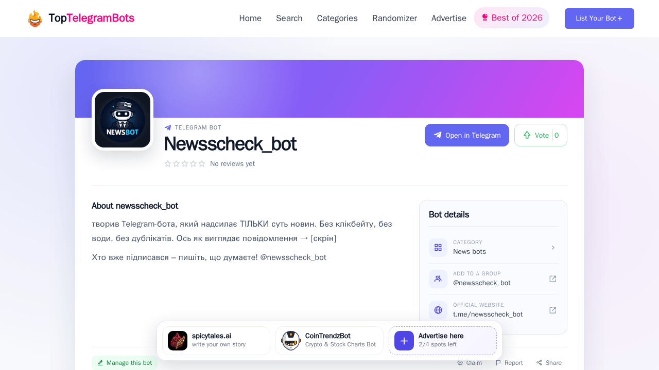 Newsscheck_bot Telegram Bot - Reviews, Invite Links & Features! | The ...