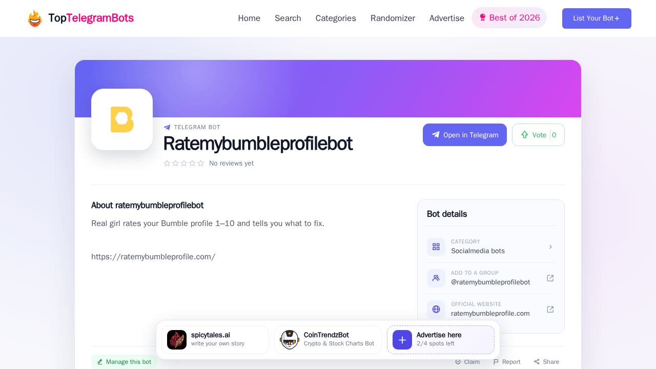 Ratemybumbleprofilebot Telegram Bot - Reviews, Invite Links & Features ...