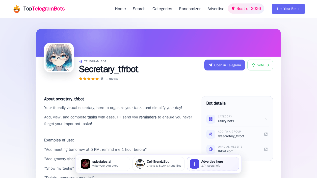 Secretary_tfrbot Telegram Bot - Reviews, Invite Links & Features! | The ...