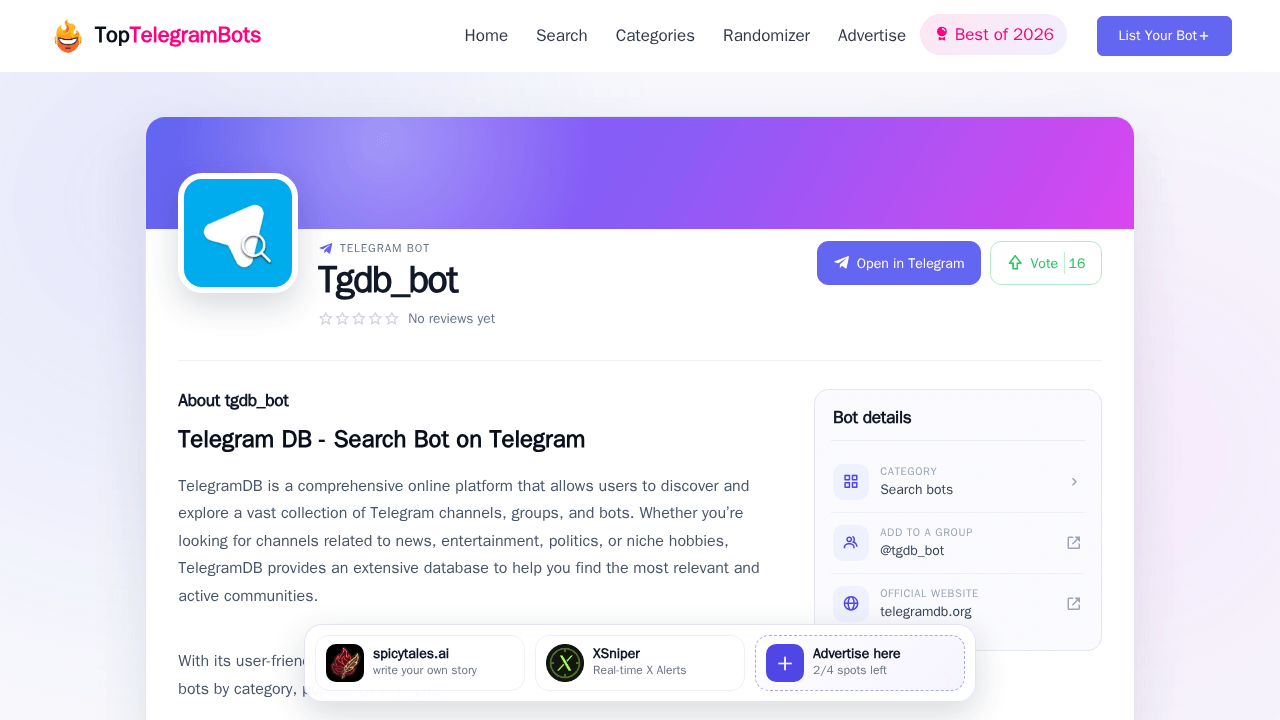 Tgdb_bot Telegram Bot - Reviews, Invite Links & Features! | The Best ...