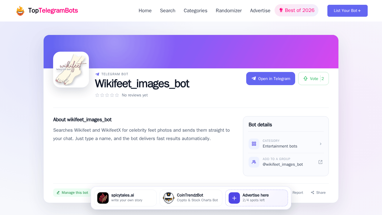 Wikifeet_images_bot Telegram Bot - Reviews, Invite Links & Features ...